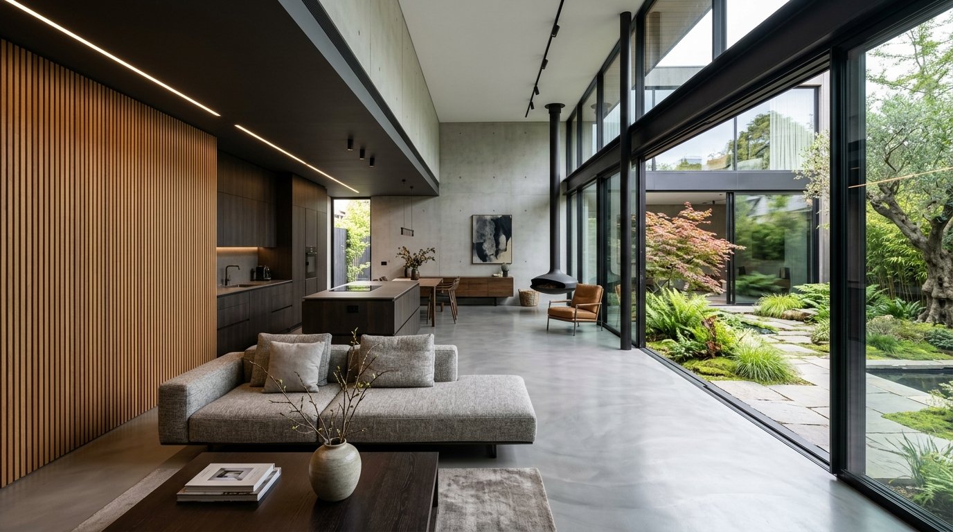 Interior contemporáneo con piso radiante de microcemento pulido, ventanales de doble vidriado hermético y climatización invisible de alta eficiencia
