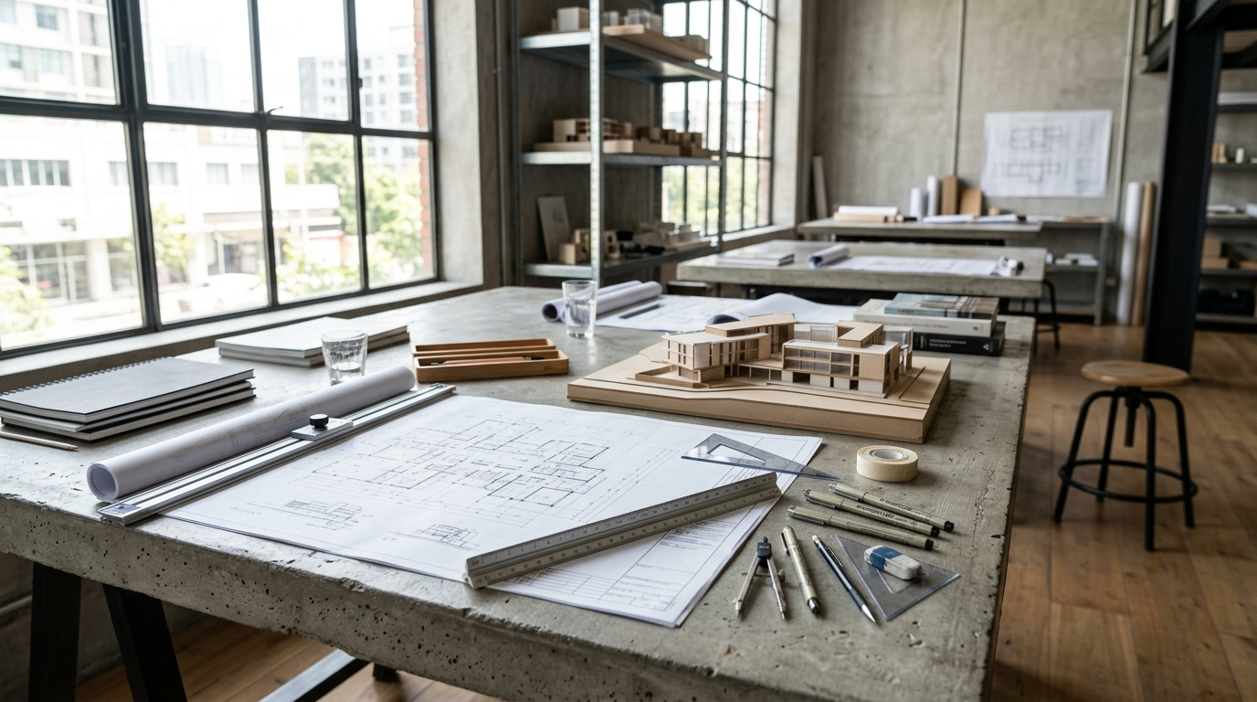 Mesa de trabajo de estudio de arquitectura con planos técnicos de legajo ejecutivo, maquetas y herramientas de dibujo de precisión.