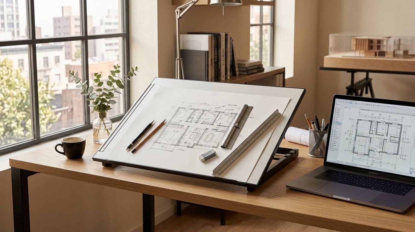 Mesa de trabajo de arquitectura con croquis de plano a mano, reglas de escala y laptop con software de planos