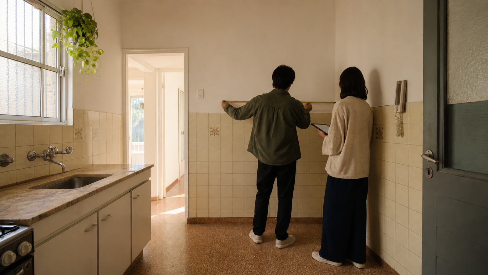Arquitecta y propietario revisando medidas durante una visita técnica en una cocina para reformar
