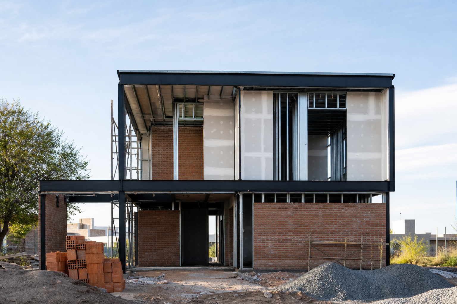 Vivienda en obra combinando sistema en seco y referencia tradicional en Córdoba