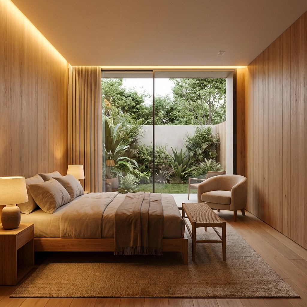Dormitorio minimalista moderno con materiales cálidos y vista al jardín