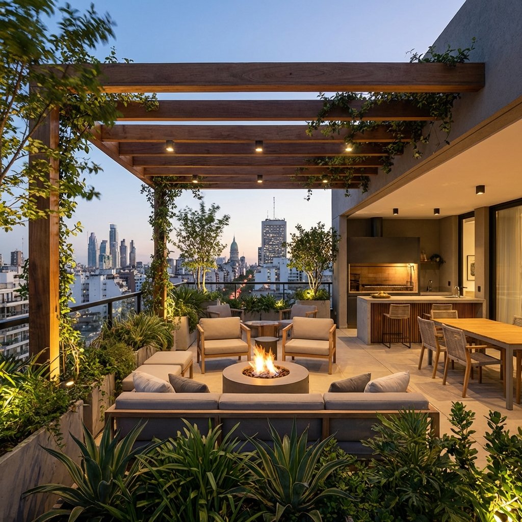 Terraza moderna con pérgola y vista a la ciudad