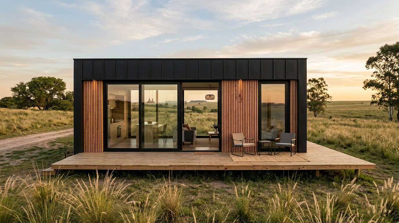 Vivienda modular compacta de 6x4 metros con fachada contemporánea en madera y chapa negra, ventanales y pérgola