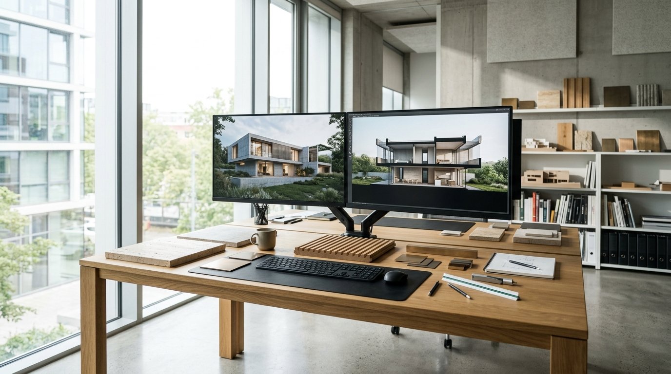 Estudio de arquitectura y visualización 3D con pantallas mostrando renders realistas y muestras de materiales nobles