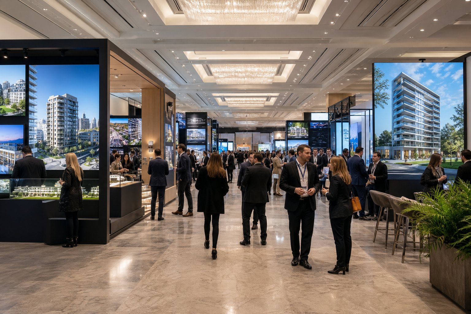 Interior de salón de Expo Real Estate con stands inmobiliarios y público profesional