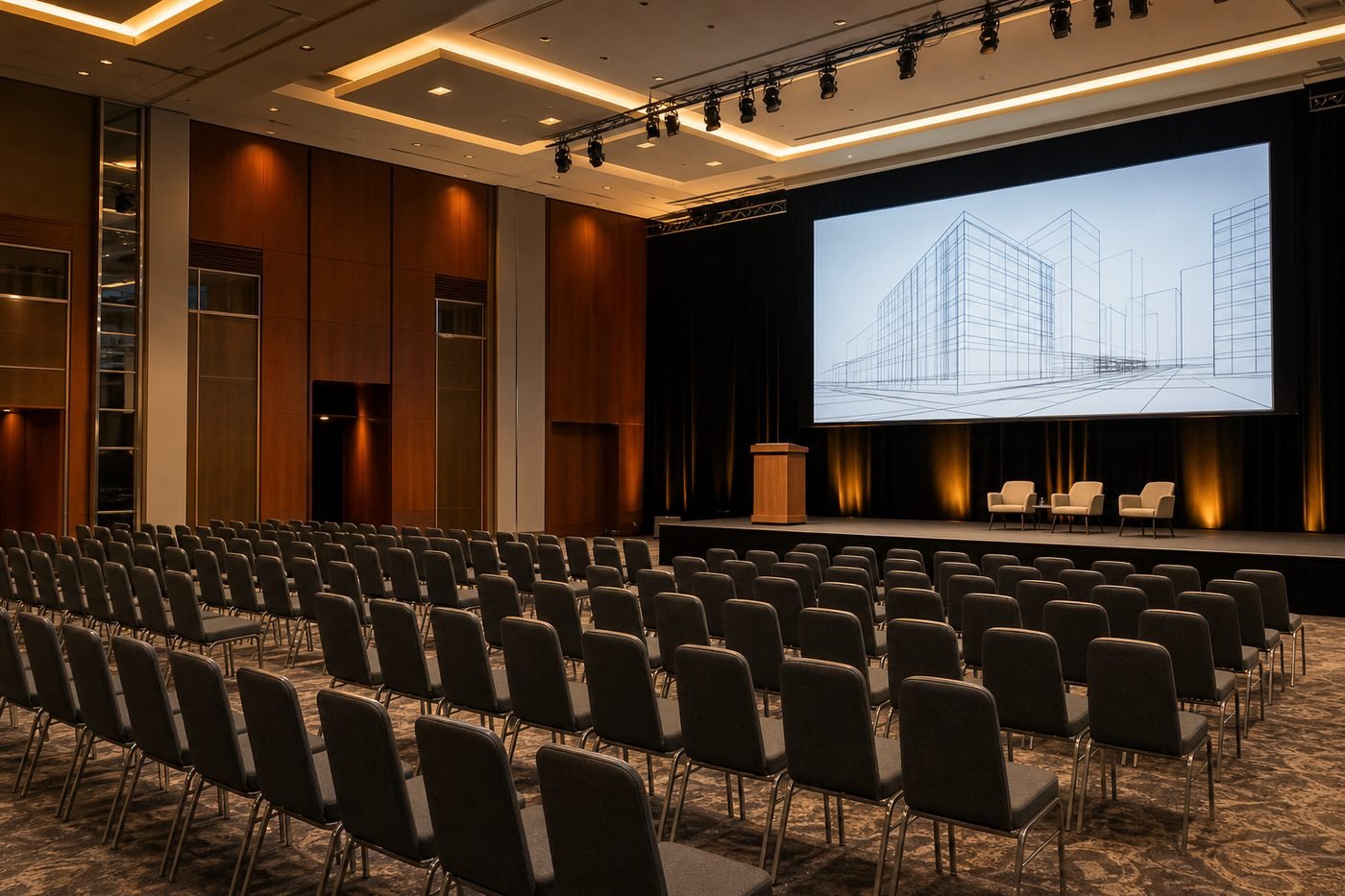 Salón de congreso inmobiliario con escenario y pantalla, ilustrando el debate de hipotecas y permisos en la Expo