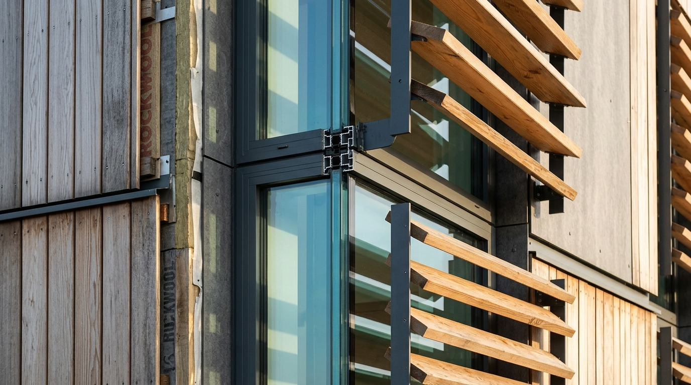 Detalle constructivo de fachada energéticamente eficiente con aislamiento térmico exterior continuo, carpinterías con RPT y parasoles bioclimáticos.