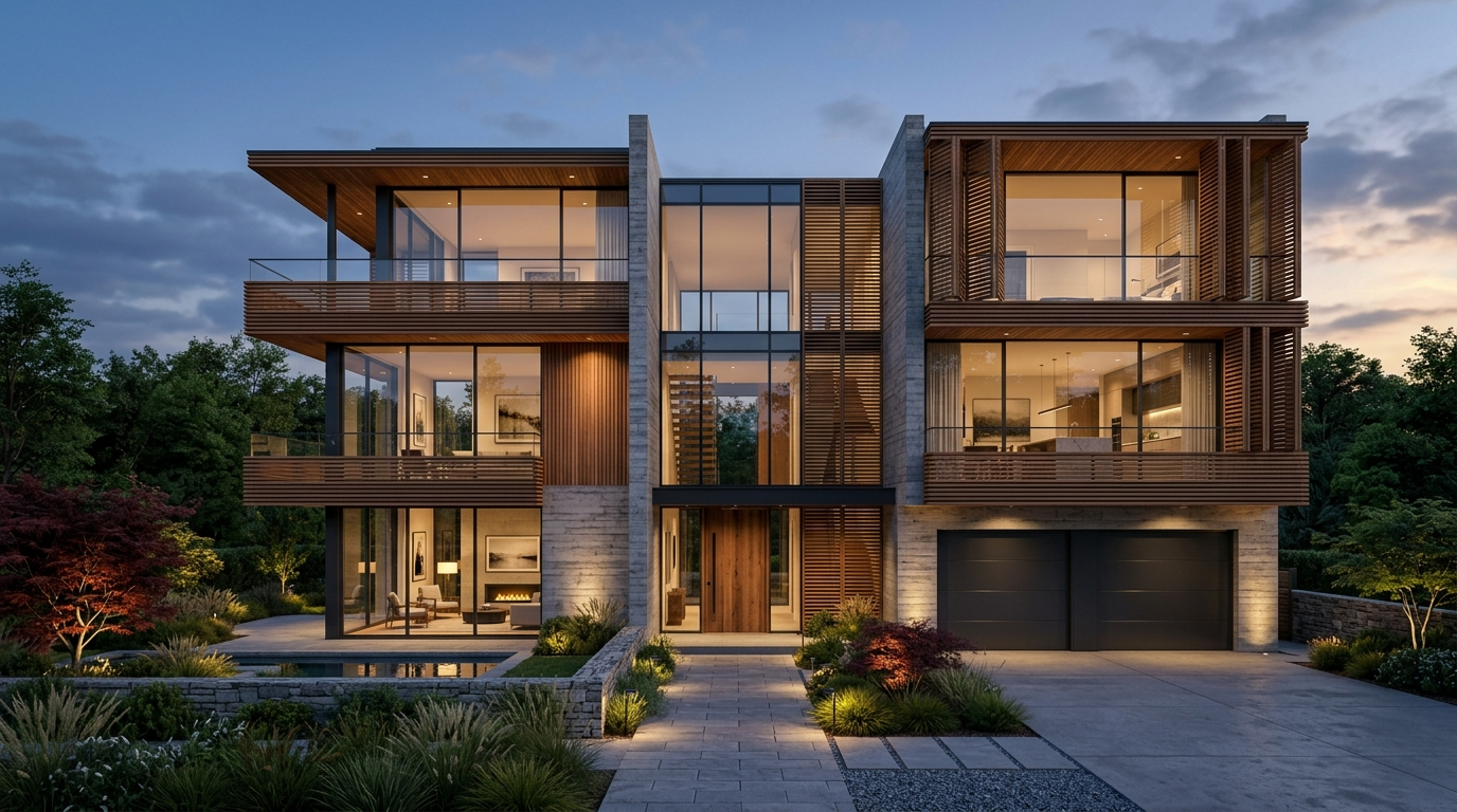 Render 3D arquitectónico fotorrealista de edificio residencial contemporáneo con iluminación crepuscular y materiales de alta gama.