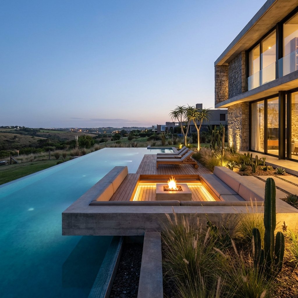 Pileta moderna con deck de madera en casa argentina