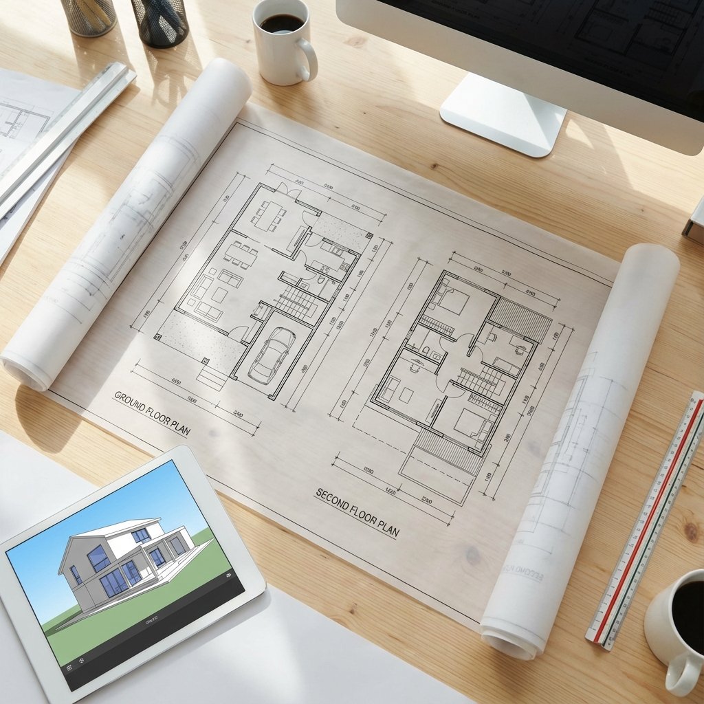 Planos de casas modernas sobre escritorio de arquitectura