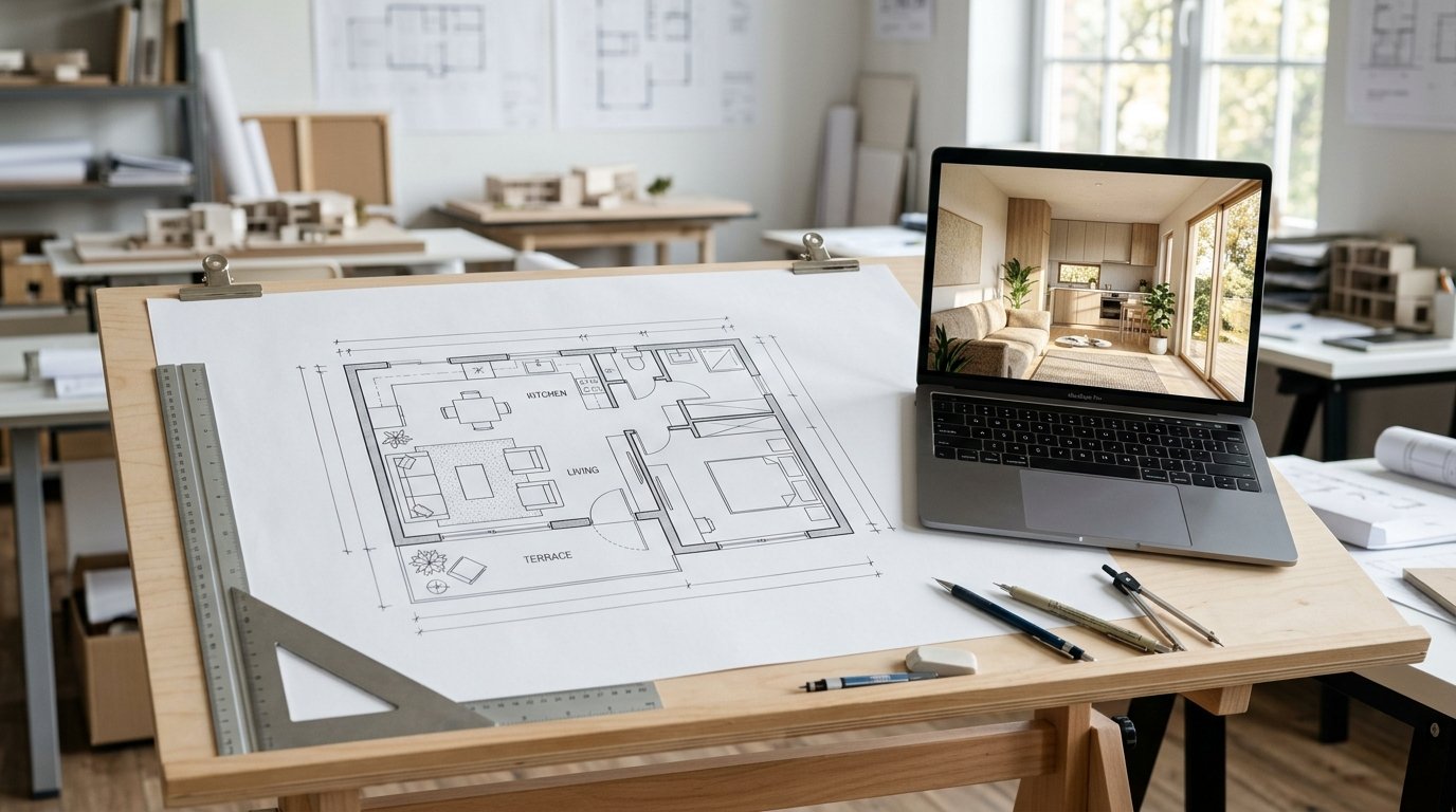 Plano arquitectónico de casa pequeña moderna con cotas, distribución interior y render fotorrealista