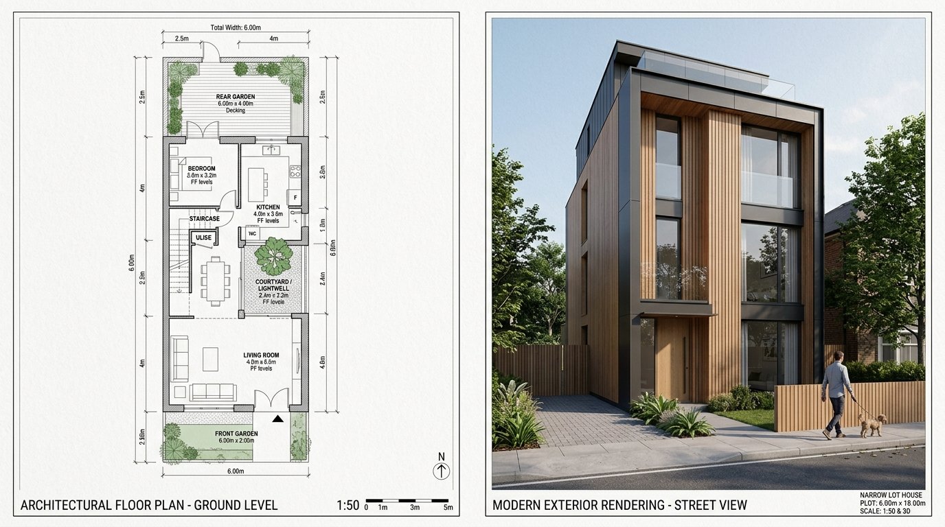 Plano arquitectónico técnico de casa en terreno angosto de 6 metros de frente con patio central y render fotorrealista de fachada contemporánea