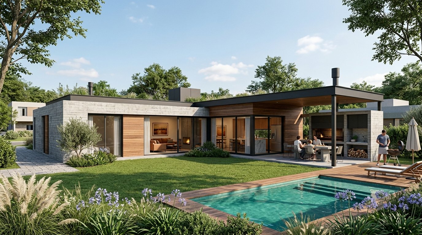Casa moderna en L de una sola planta con galería, pérgola de madera, parrilla y patio interior ajardinado en atardecer