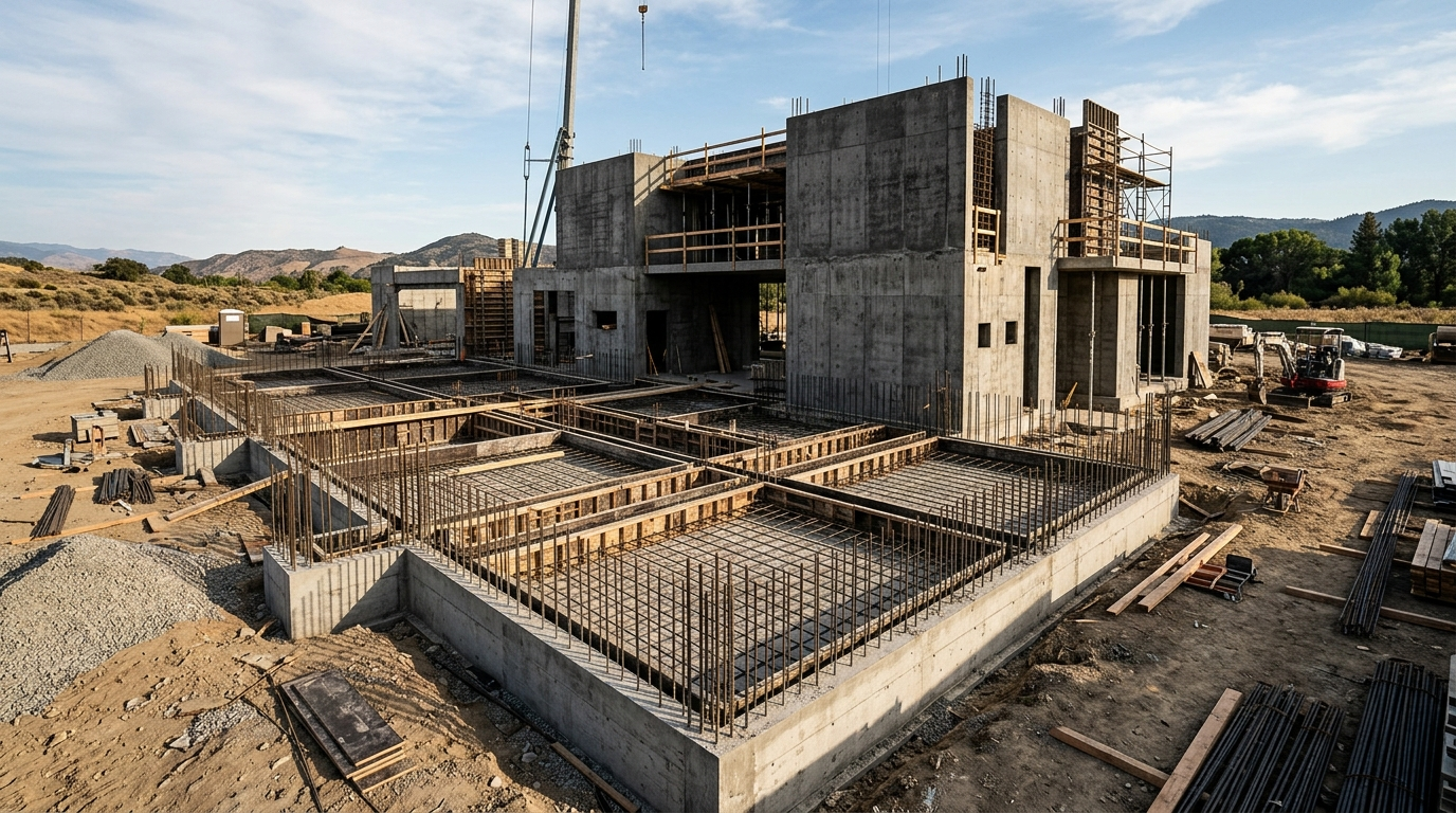 Platea de fundacion de hormigon armado y estructura para vivienda unifamiliar moderna de arquitectura contemporanea