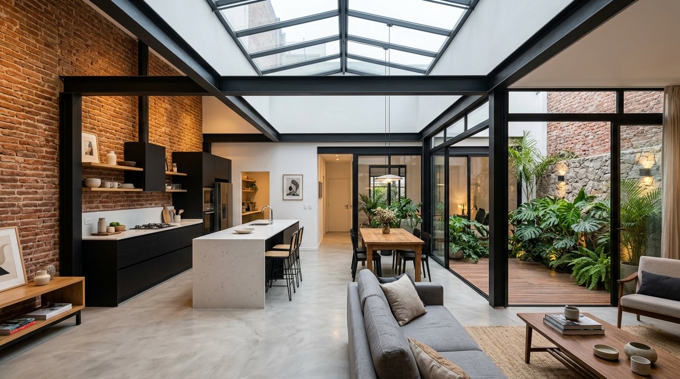 Interior de un PH renovado en Buenos Aires con pared de ladrillo visto, vigas metálicas IPN, techo vidriado y cocina integrada con isla