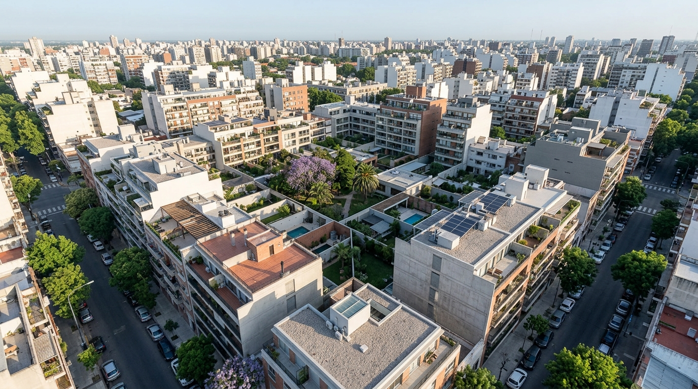 Vista aérea de tejido urbano residencial en Buenos Aires mostrando parcelamiento, azoteas y pulmones de manzana ordenados catastralmente.