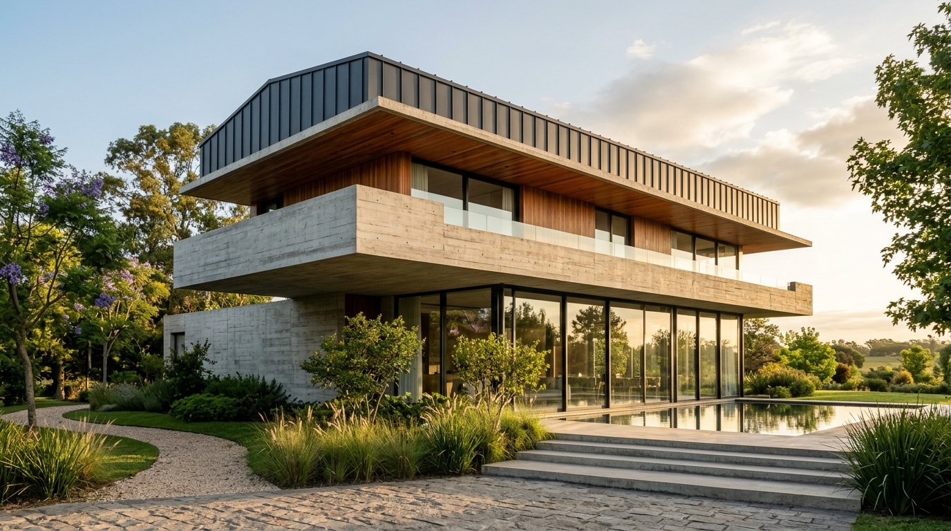 Cubierta de techo de chapa y losa de hormigon visto en vivienda contemporanea de arquitectura moderna argentina