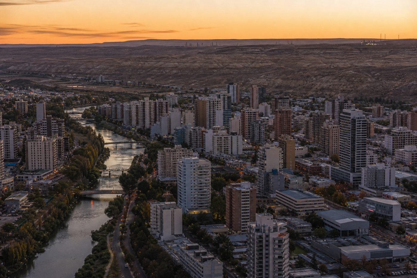Skyline de ciudad patagónica al atardecer ilustrando el mercado inmobiliario ligado a Vaca Muerta