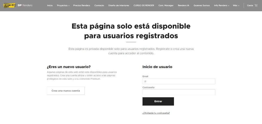 Pantalla de DP Renders: columnas para crear cuenta nueva a la izquierda e inicio de sesión con email y contraseña a la derecha