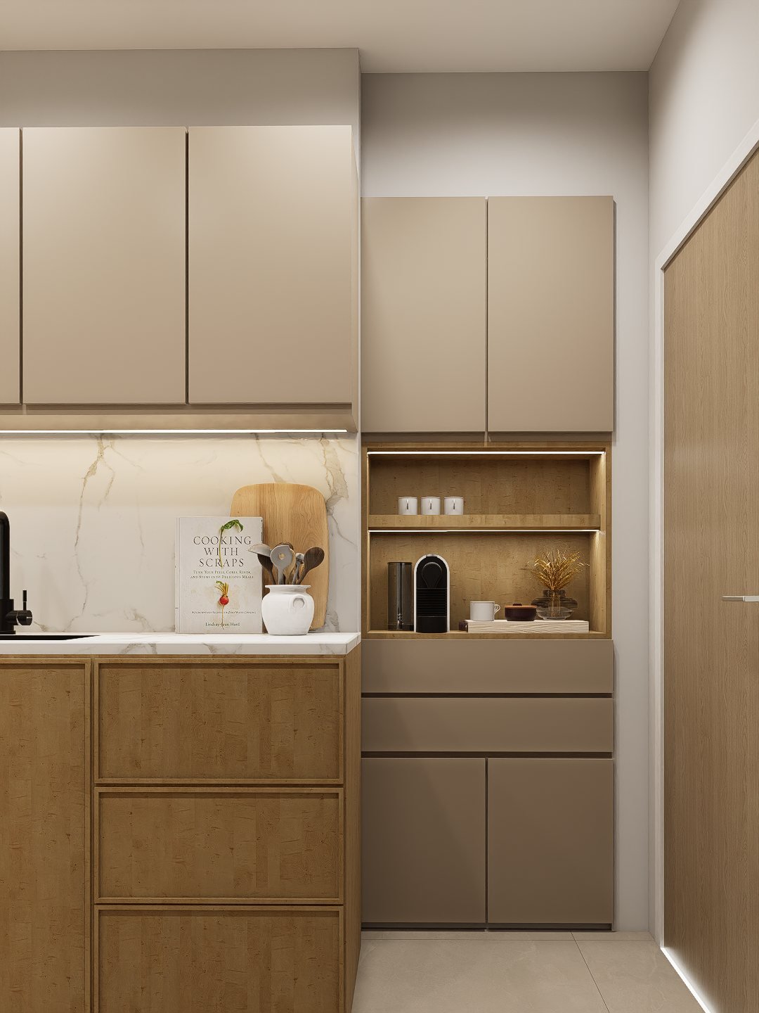 Diseño cocina y comedor diario Gaona - cocina con mobiliario, mesadas e iluminación, residencial 2025 en Buenos Aires, Argentina, render 3D Estudio Lat vista 8