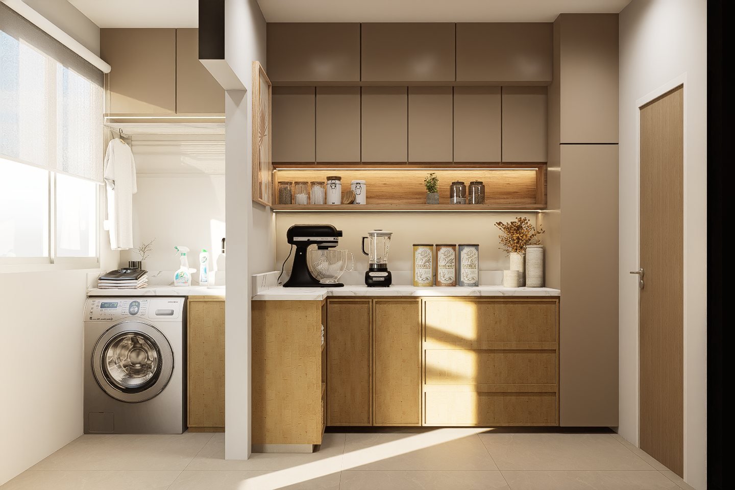 Diseño cocina y comedor diario Gaona - cocina con mobiliario, mesadas e iluminación, residencial 2025 en Buenos Aires, Argentina, render 3D Estudio Lat vista 9