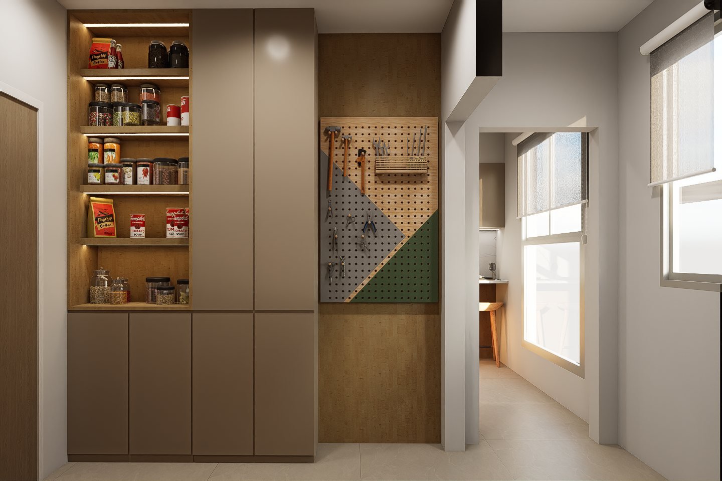 Diseño cocina y comedor diario Gaona - cocina con mobiliario, mesadas e iluminación, residencial 2025 en Buenos Aires, Argentina, render 3D Estudio Lat vista 11