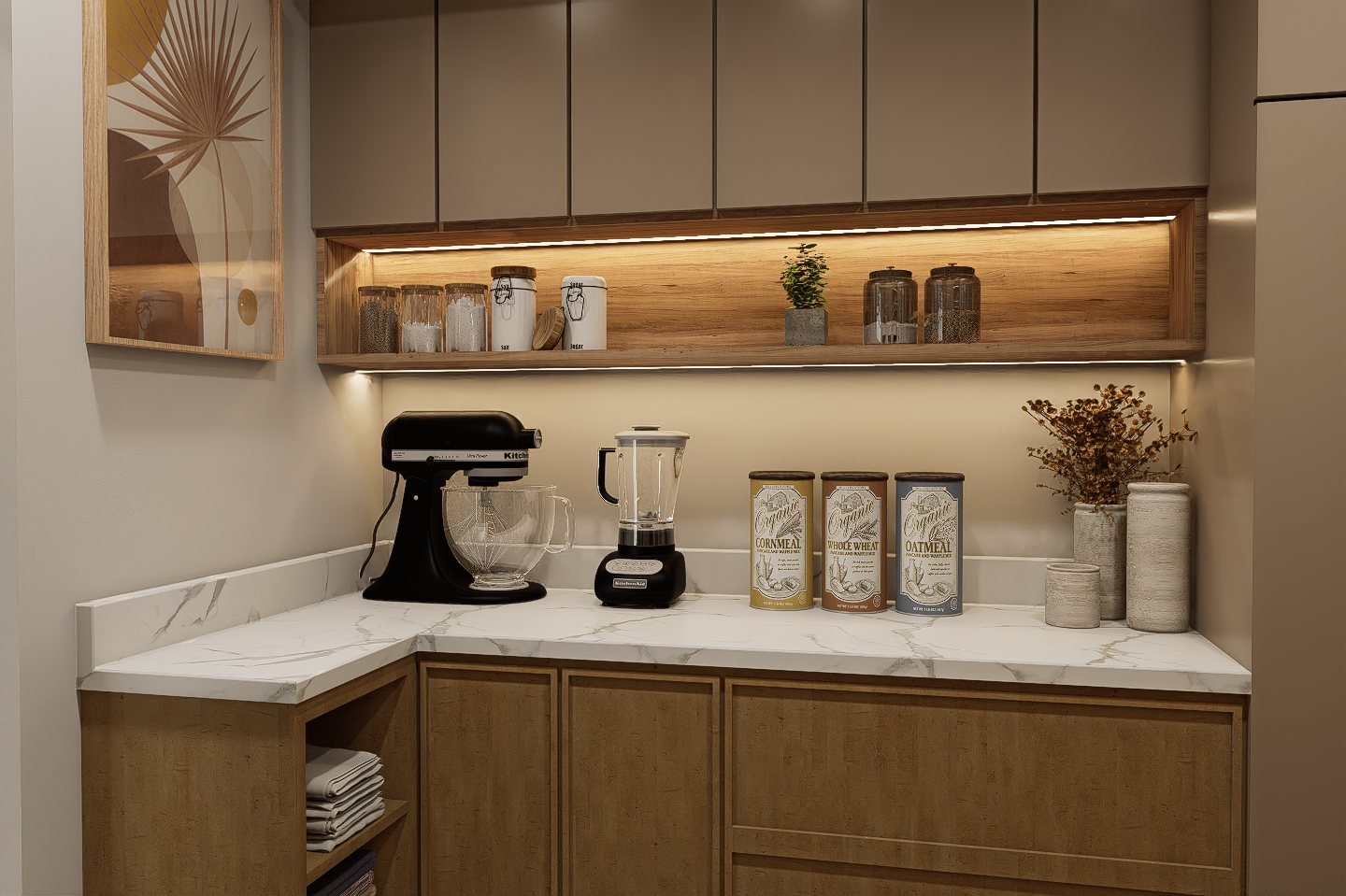 Diseño cocina y comedor diario Gaona - cocina con mobiliario, mesadas e iluminación, residencial 2025 en Buenos Aires, Argentina, render 3D Estudio Lat vista 12