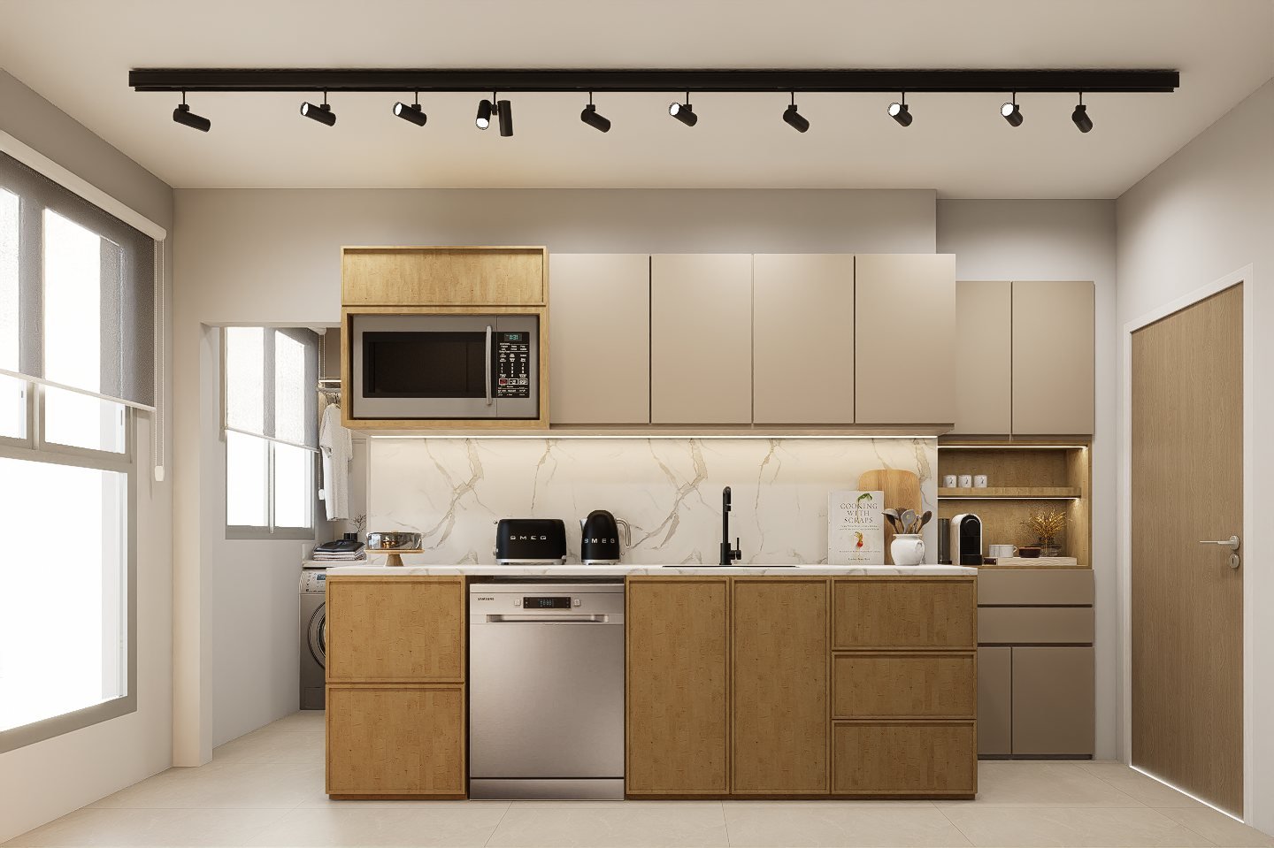Diseño cocina y comedor diario Gaona - cocina con mobiliario, mesadas e iluminación, residencial 2025 en Buenos Aires, Argentina, render 3D Estudio Lat vista 3
