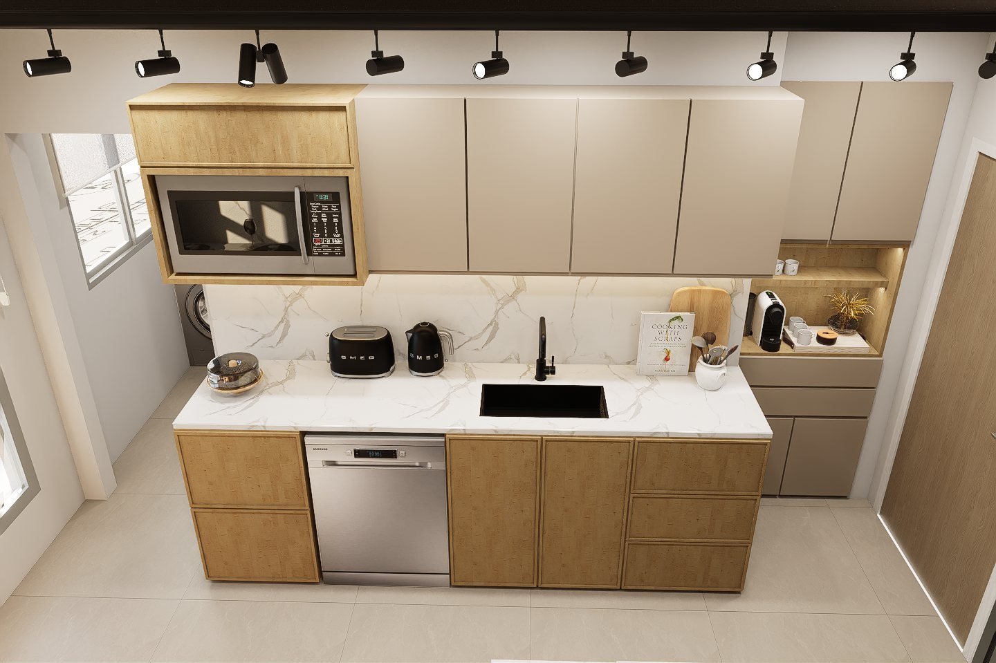 Diseño cocina y comedor diario Gaona - cocina con mobiliario, mesadas e iluminación, residencial 2025 en Buenos Aires, Argentina, render 3D Estudio Lat vista 4