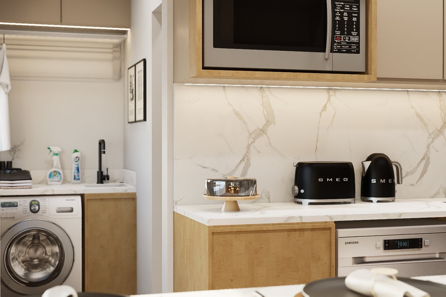 Diseño cocina y comedor diario Gaona - cocina con mobiliario, mesadas e iluminación, residencial 2025 en Buenos Aires, Argentina, render 3D Estudio Lat vista 5