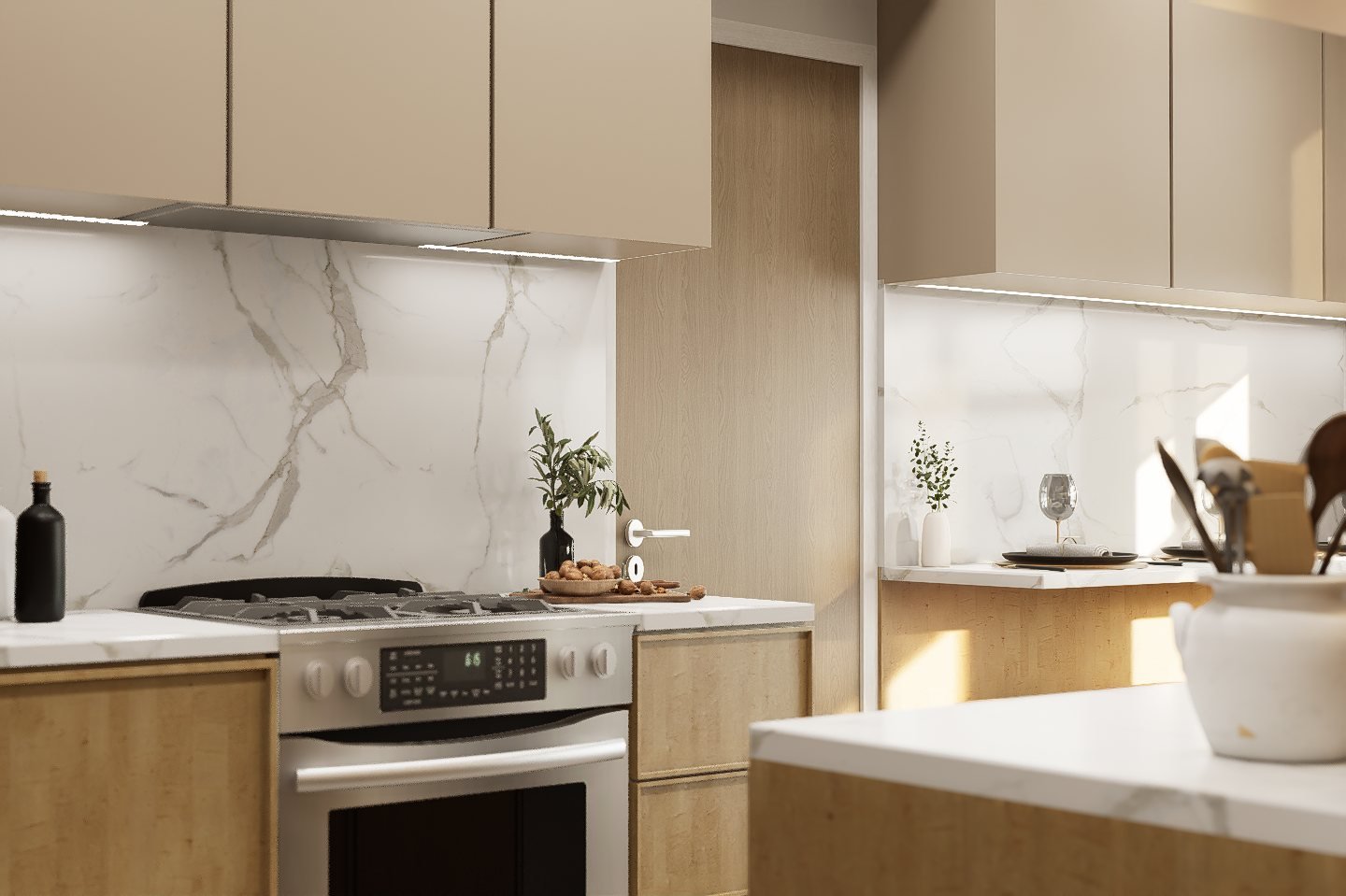 Diseño cocina y comedor diario Gaona - cocina con mobiliario, mesadas e iluminación, residencial 2025 en Buenos Aires, Argentina, render 3D Estudio Lat vista 6