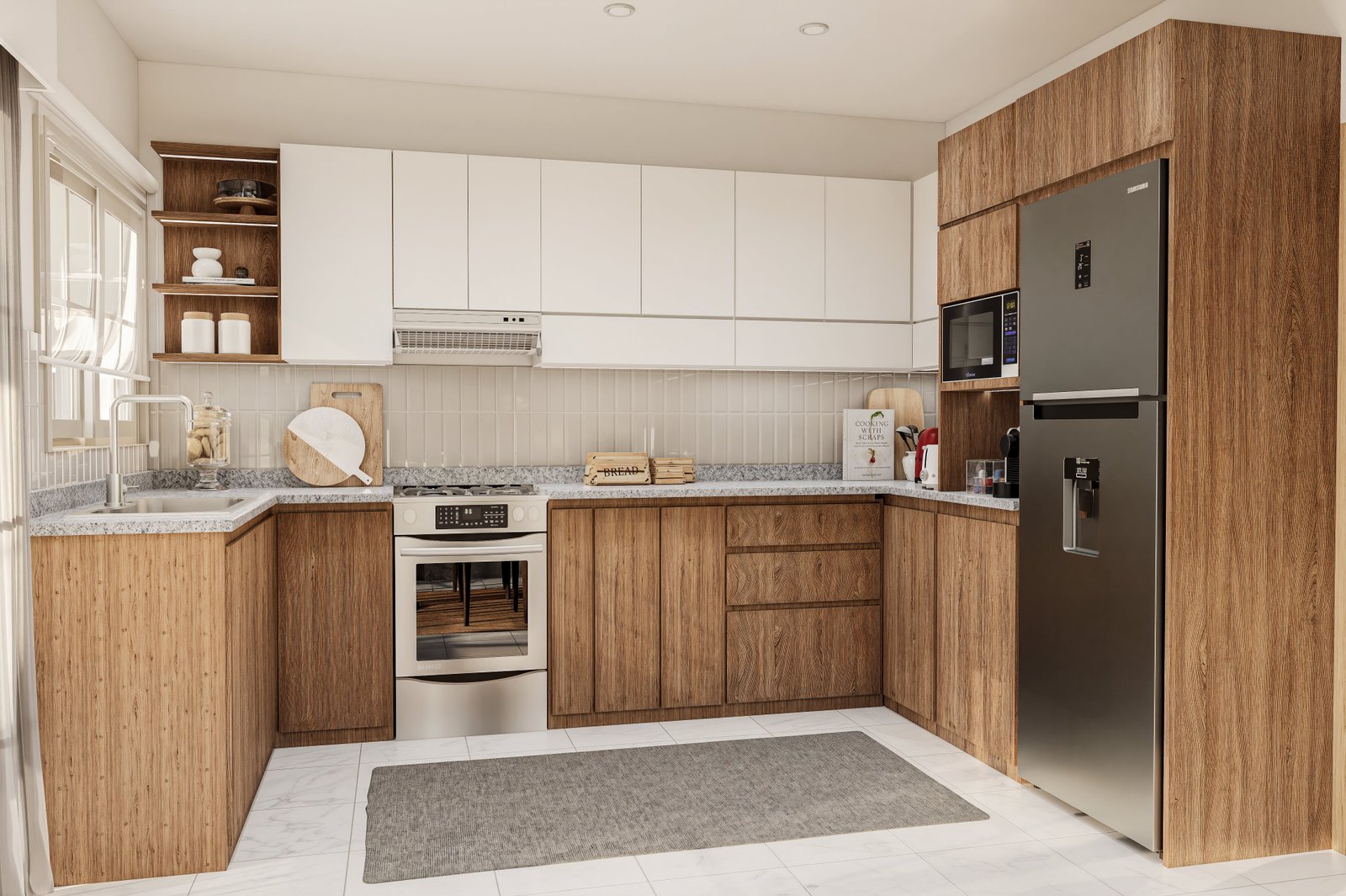 Diseño de cocina comedor SM - cocina con mobiliario, mesadas e iluminación, residencial 2025 en Buenos Aires, Argentina, render 3D Estudio Lat vista 2