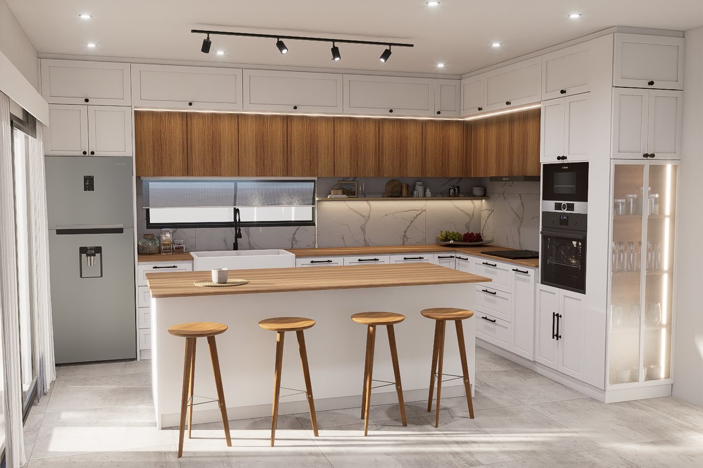 Diseño de cocina HS con planos - cocina con mobiliario, mesadas e iluminación, interiorismo 2025 en Buenos Aires, Argentina, render 3D Estudio Lat vista 3