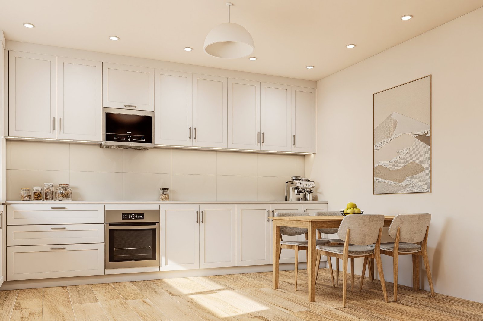 Diseño de cocina Linier - cocina con mobiliario, mesadas e iluminación, residencial 2025 en Buenos Aires, Argentina, render 3D Estudio Lat vista 2