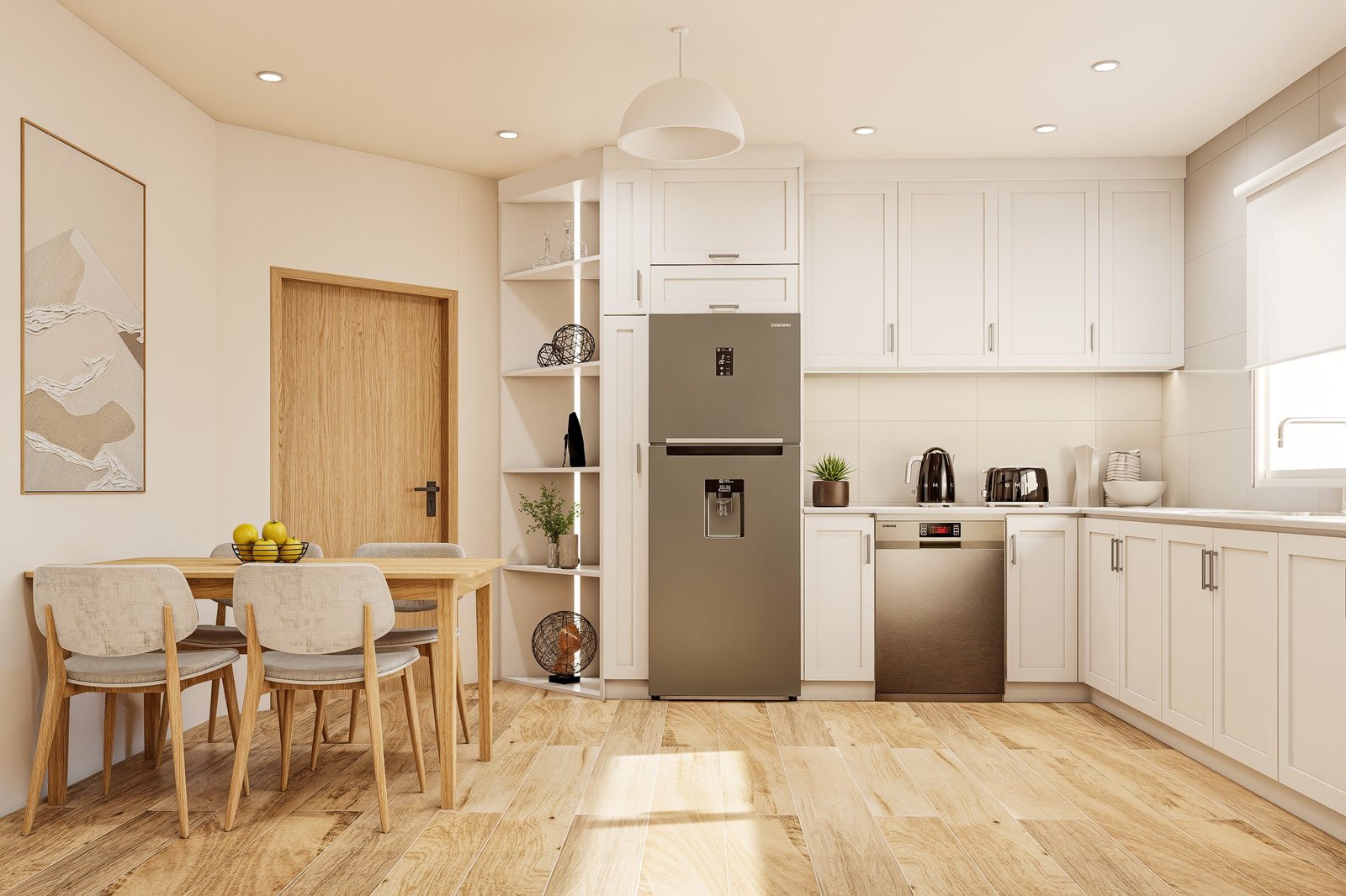 Diseño de cocina Linier - cocina con mobiliario, mesadas e iluminación, residencial 2025 en Buenos Aires, Argentina, render 3D Estudio Lat vista 3