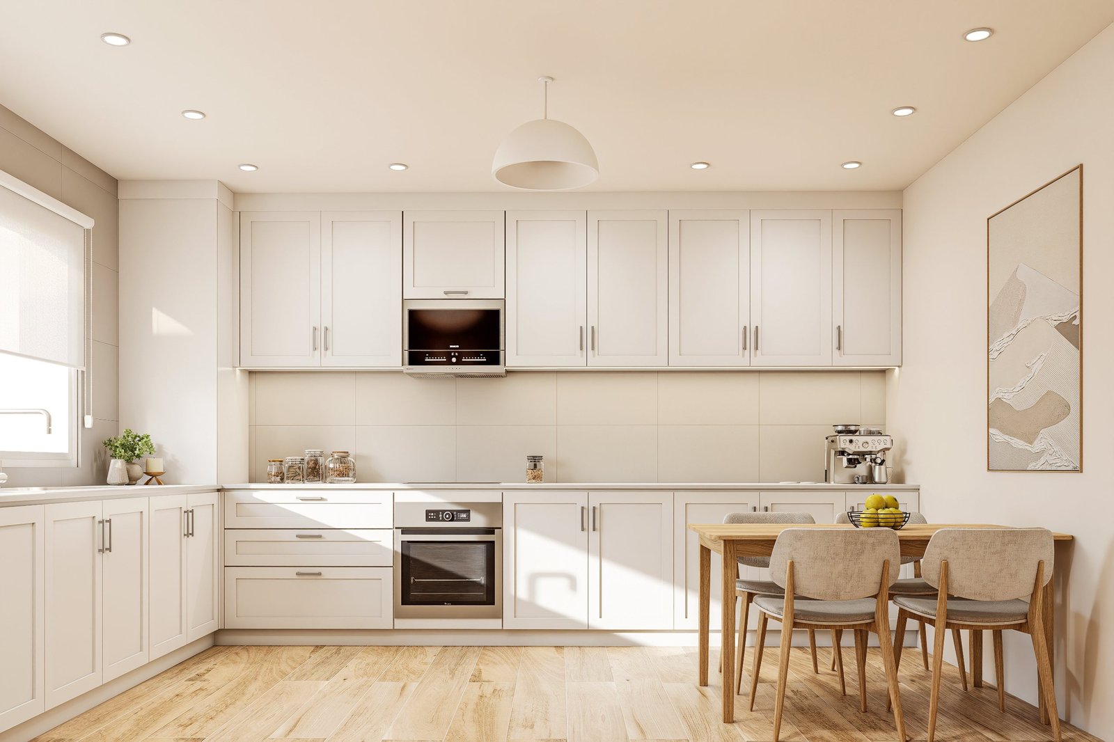 Diseño de cocina Linier - cocina con mobiliario, mesadas e iluminación, residencial 2025 en Buenos Aires, Argentina, render 3D Estudio Lat vista 4