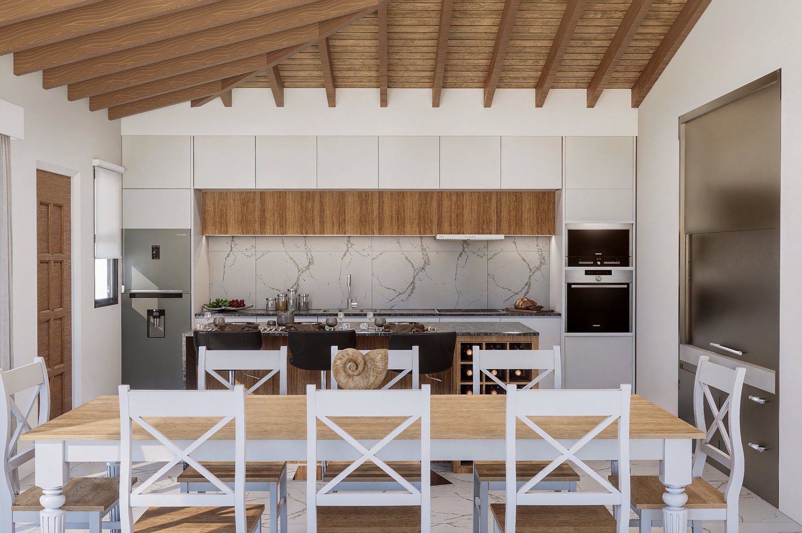 Diseño de cocina quincho - cocina con mobiliario, mesadas e iluminación, residencial 2025 en Buenos Aires, Argentina, render 3D Estudio Lat vista 4