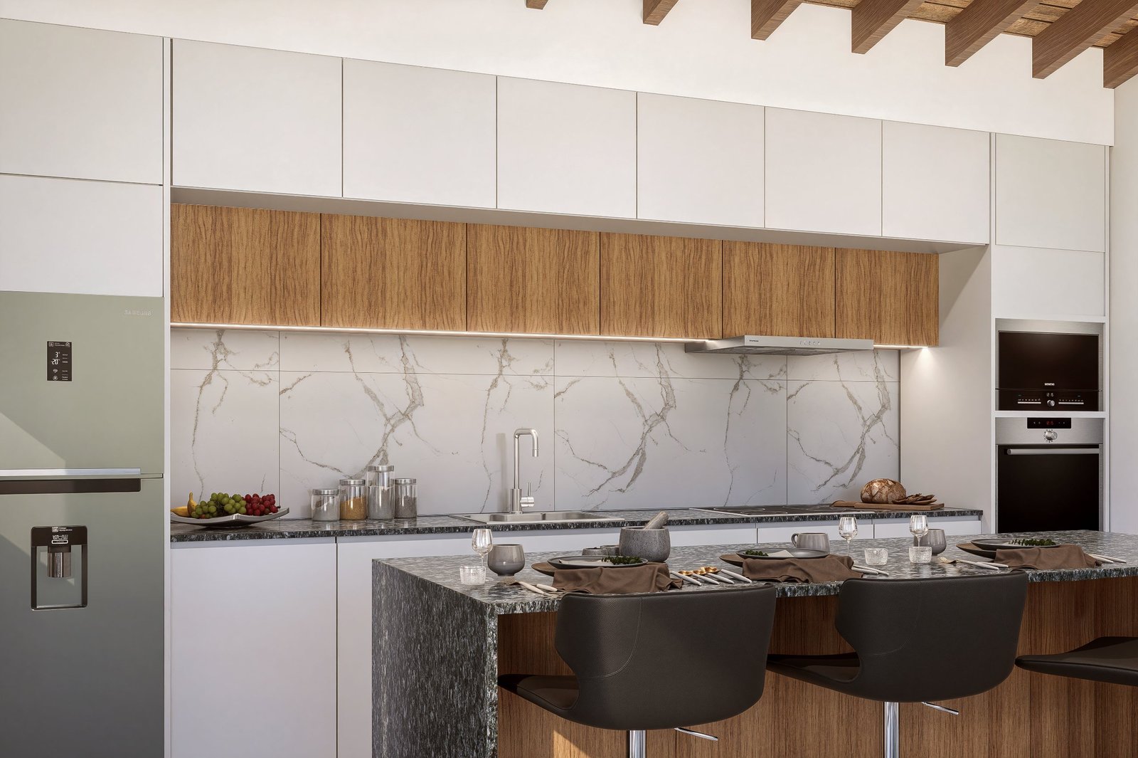 Diseño de cocina quincho - cocina con mobiliario, mesadas e iluminación, residencial 2025 en Buenos Aires, Argentina, render 3D Estudio Lat vista 5