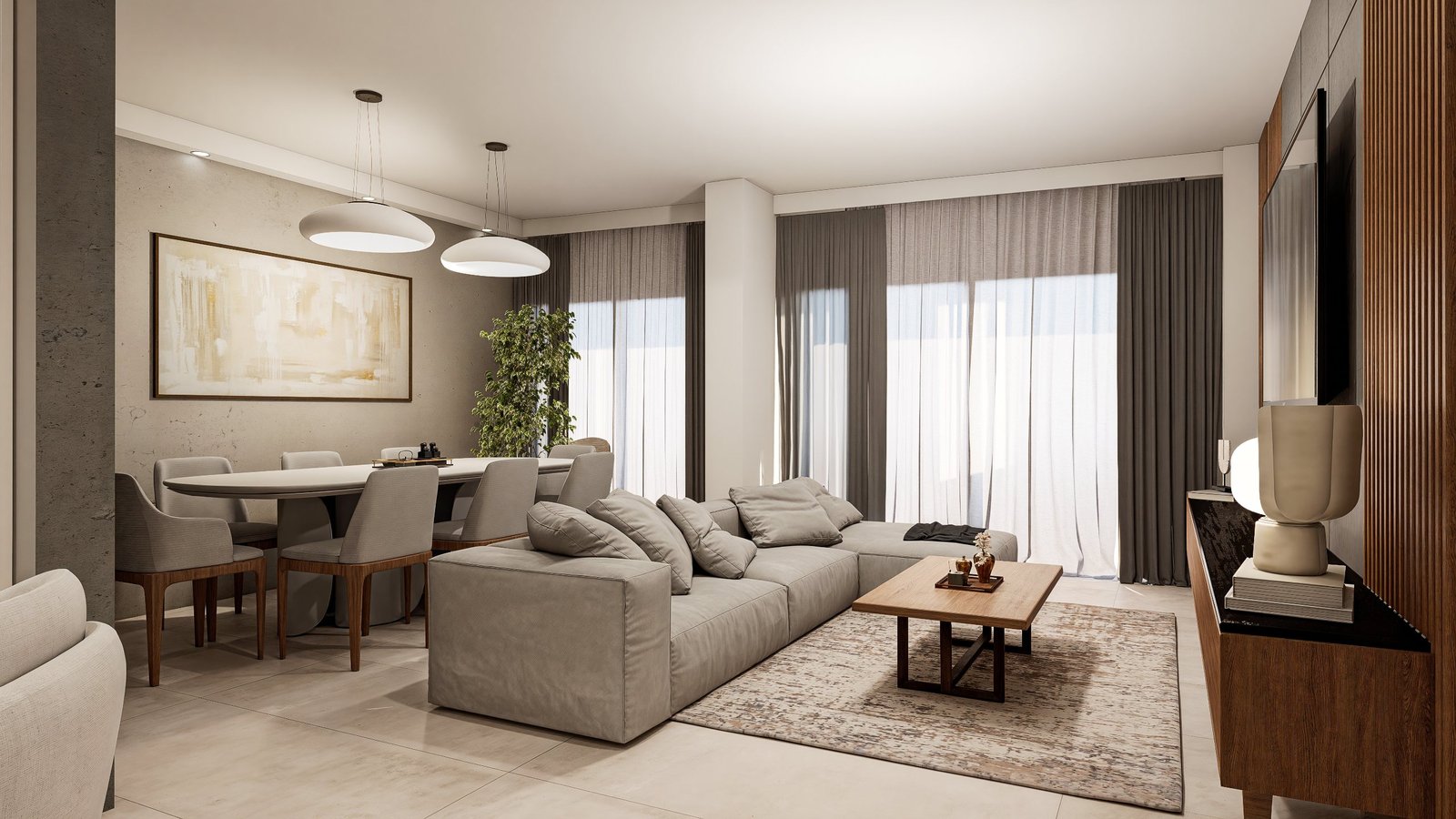 Diseño integral living, cocina y comedor - cocina con mobiliario, mesadas e iluminación, residencial 2025 en Buenos Aires, Argentina, render 3D Estudio Lat vista 3