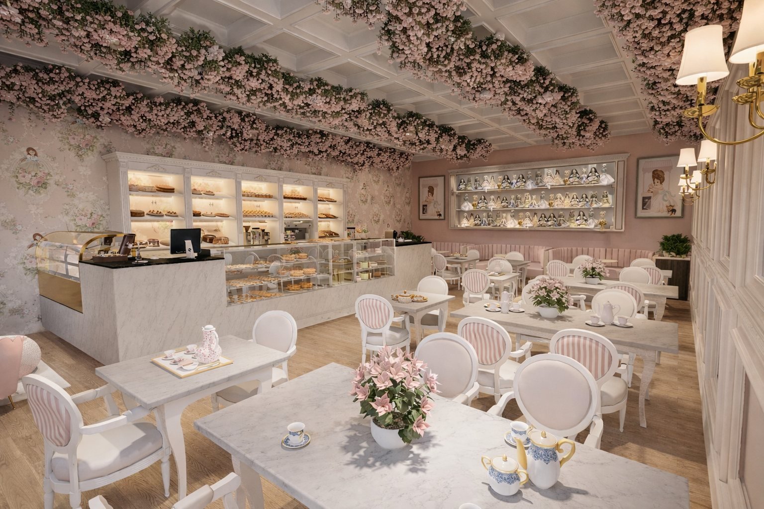 La Petit Maison Café - espacio comercial con ambientación y circulación, comercial 2025 en Buenos Aires, Argentina, render 3D Estudio Lat vista 3