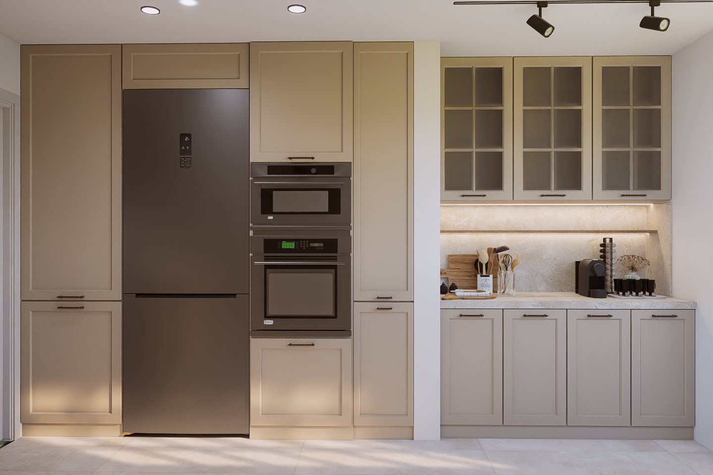 Renovación cocina clásica Damian - cocina con mobiliario, mesadas e iluminación, interiorismo 2025 en Buenos Aires, Argentina, render 3D Estudio Lat vista 2