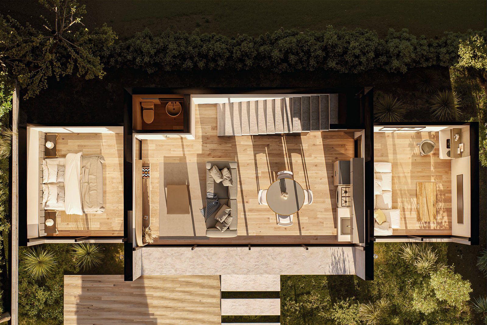 Vivienda - Casa 7x5 - Ariel - vista aérea, planta o implantación del proyecto, residencial 2026 en Buenos Aires, Argentina, render 3D Estudio Lat vista 2