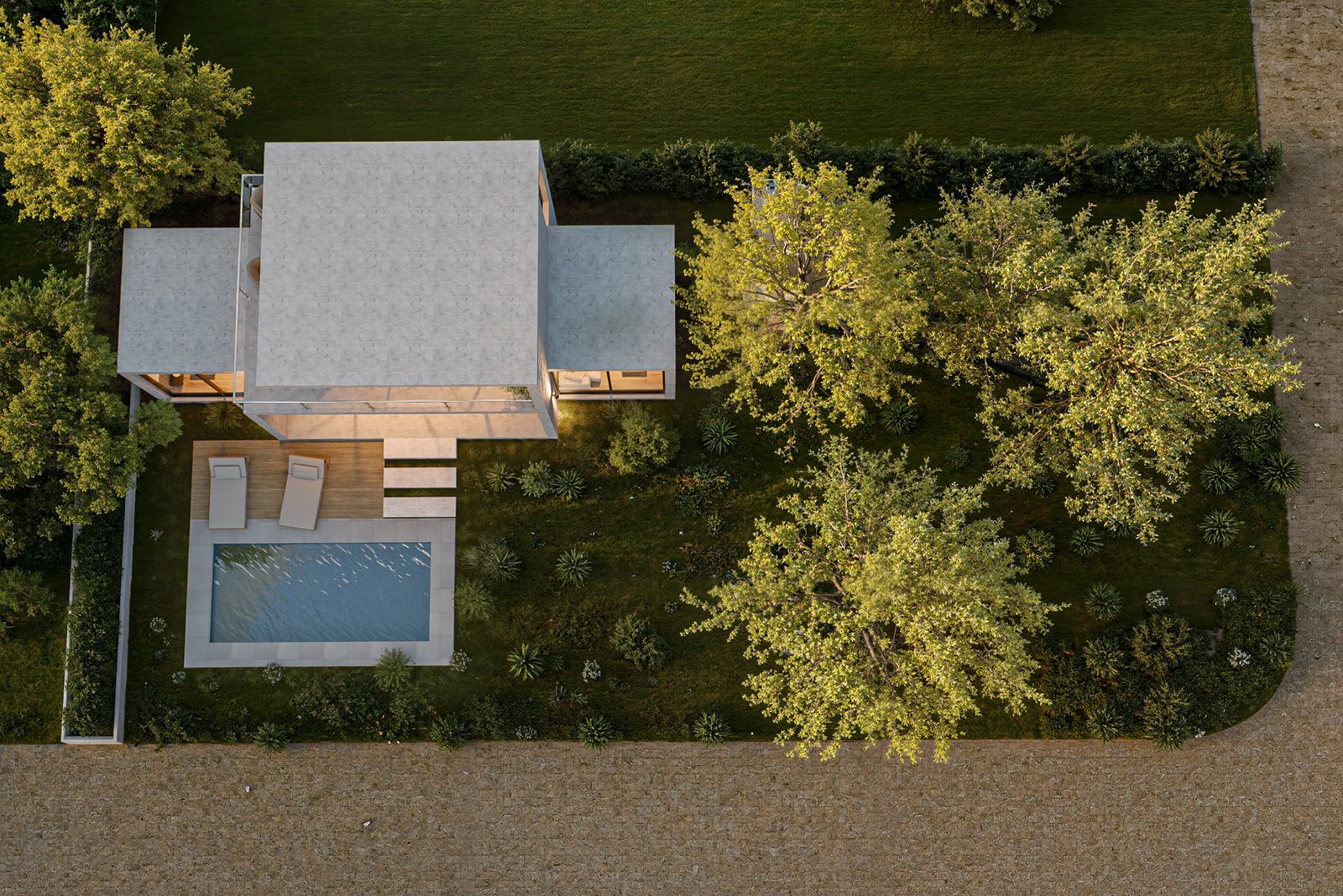 Vivienda - Casa 7x5 - Ariel - vista aérea, planta o implantación del proyecto, residencial 2026 en Buenos Aires, Argentina, render 3D Estudio Lat vista 3
