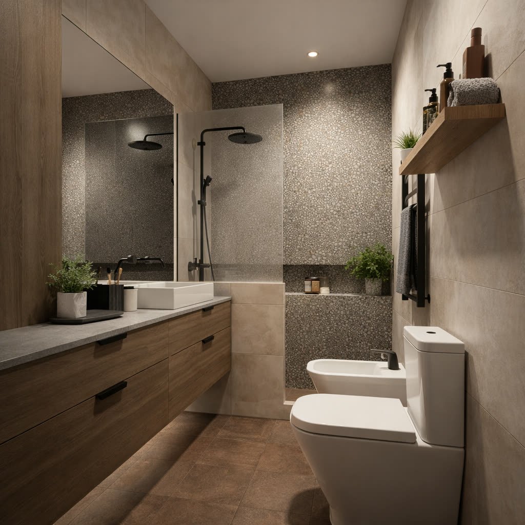 Renovación Baño Cocina - Mari Barbieri - baño moderno con terminaciones y equipamiento, interiorismo 2026 en Buenos Aires, Argentina, render 3D Estudio Lat vista 3