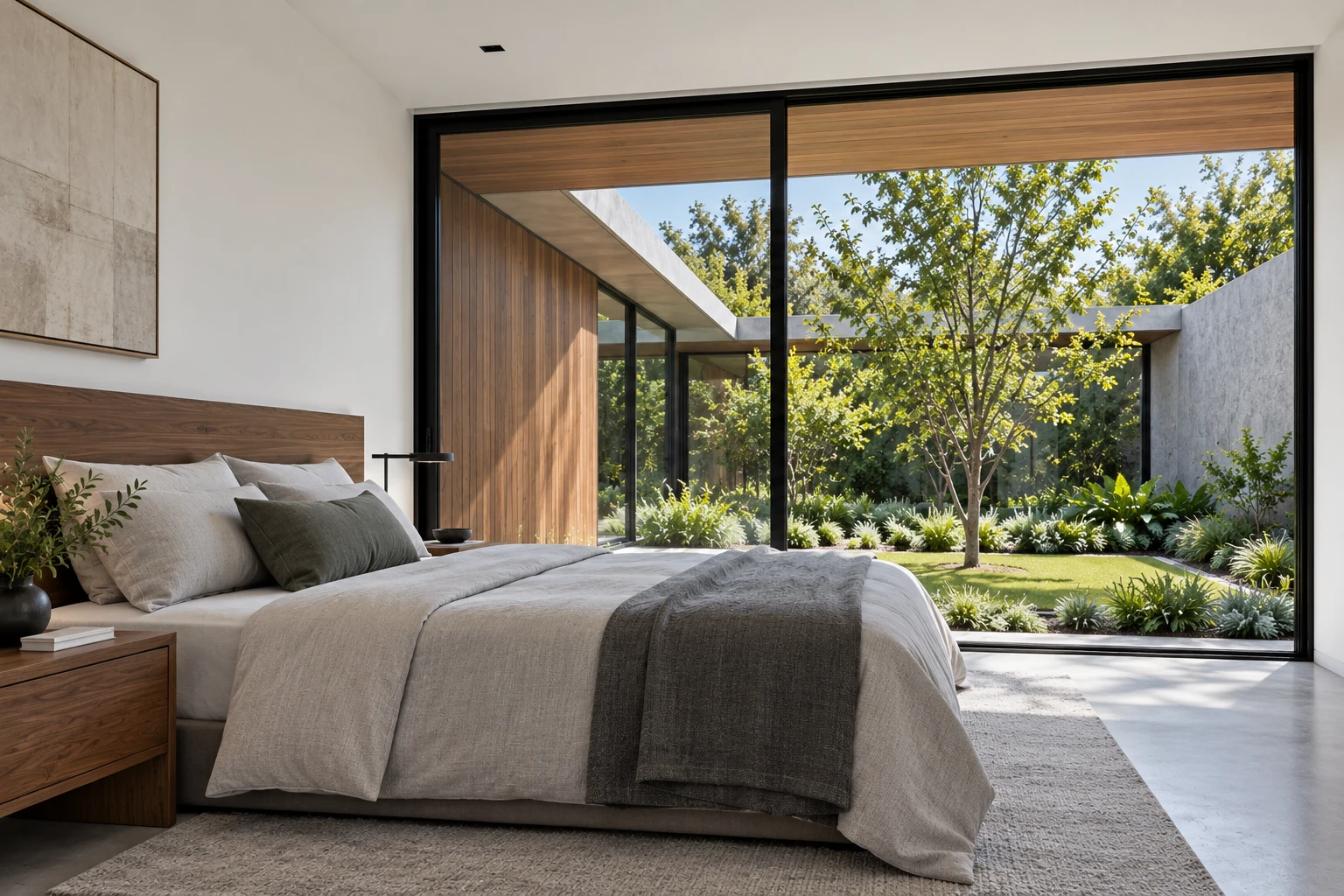 Casa Linde — Dormitorio hacia el patio, visualización residencial conceptual de Estudio LAT