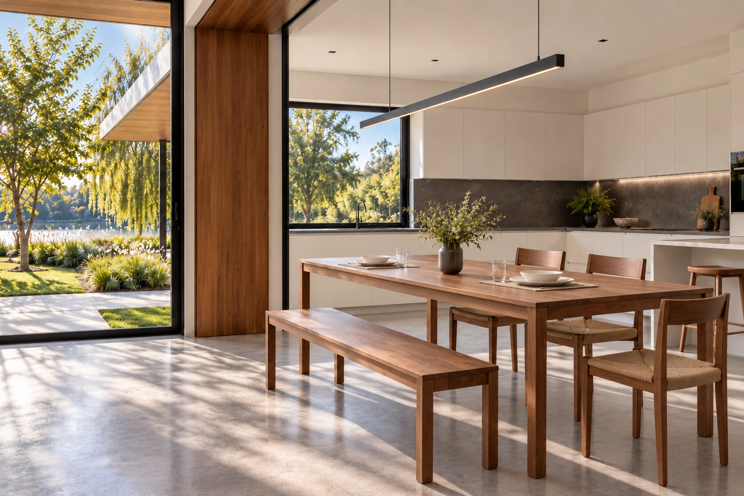 Casa Linde — Comedor hacia la laguna, visualización residencial conceptual de Estudio LAT