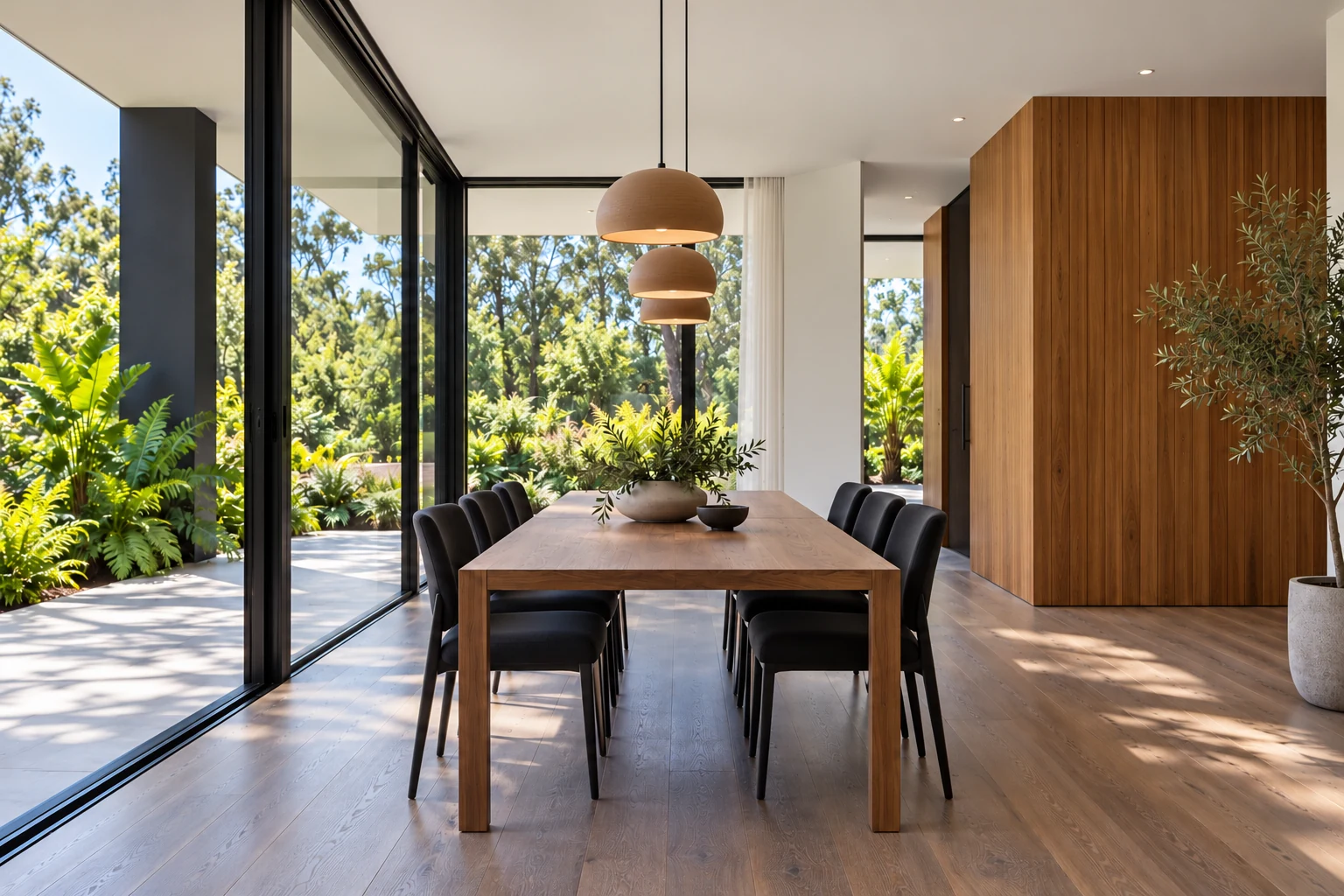 Casa Marco — Comedor hacia el jardín, visualización residencial conceptual de Estudio LAT