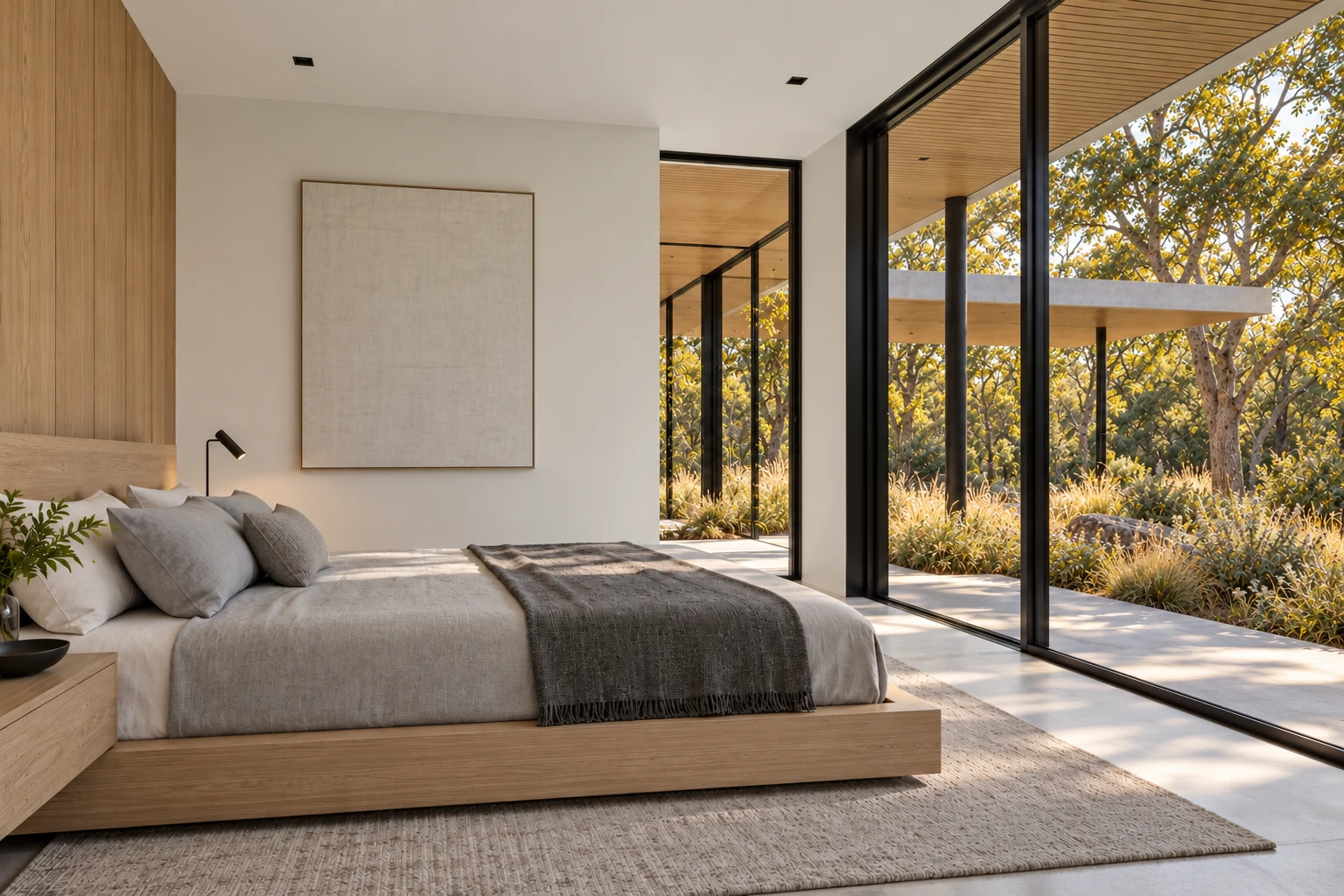 Casa Pabellón — Dormitorio entre árboles, visualización residencial conceptual de Estudio LAT