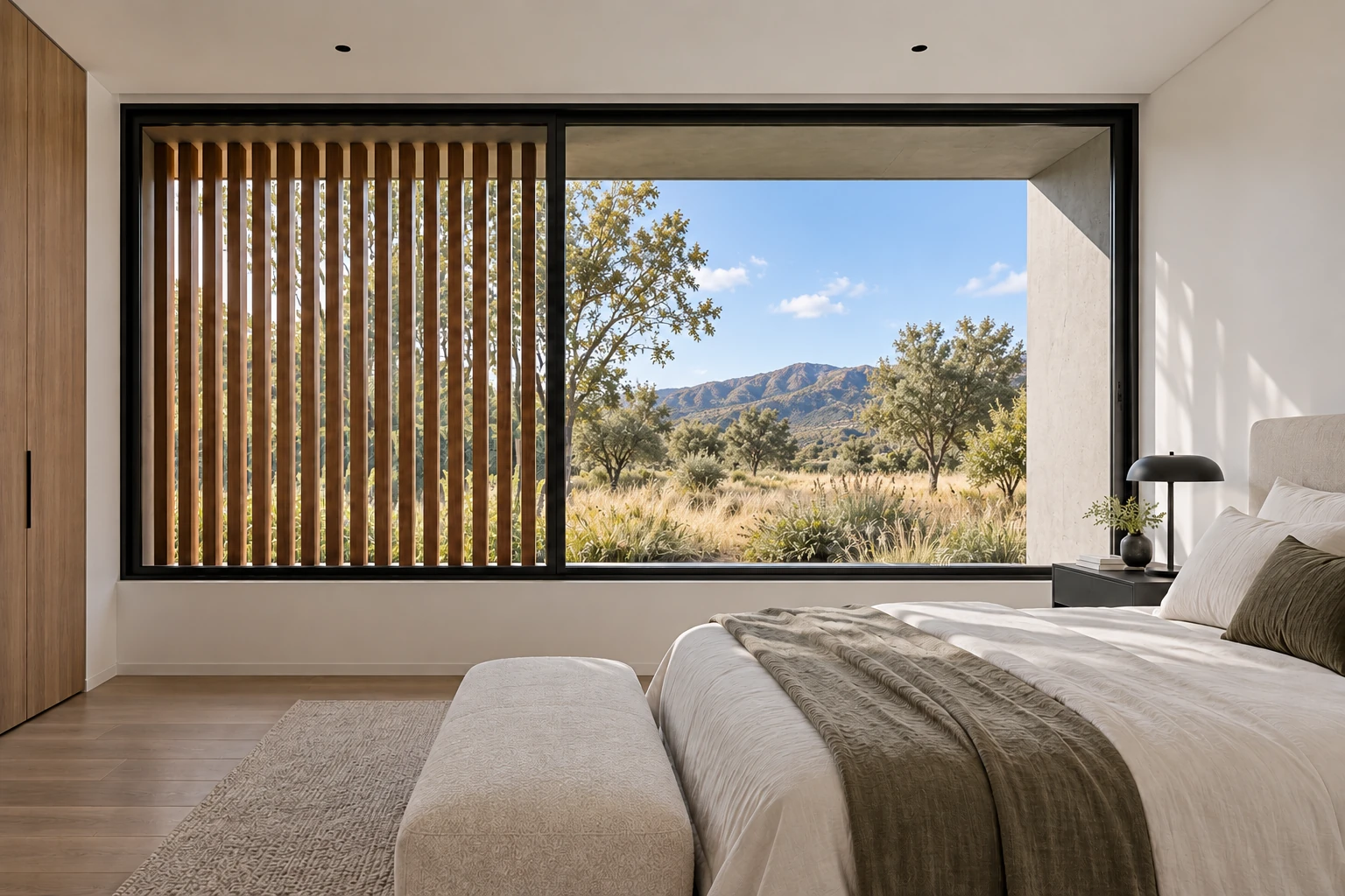 Casa Vano — Dormitorio y celosía, visualización residencial conceptual de Estudio LAT